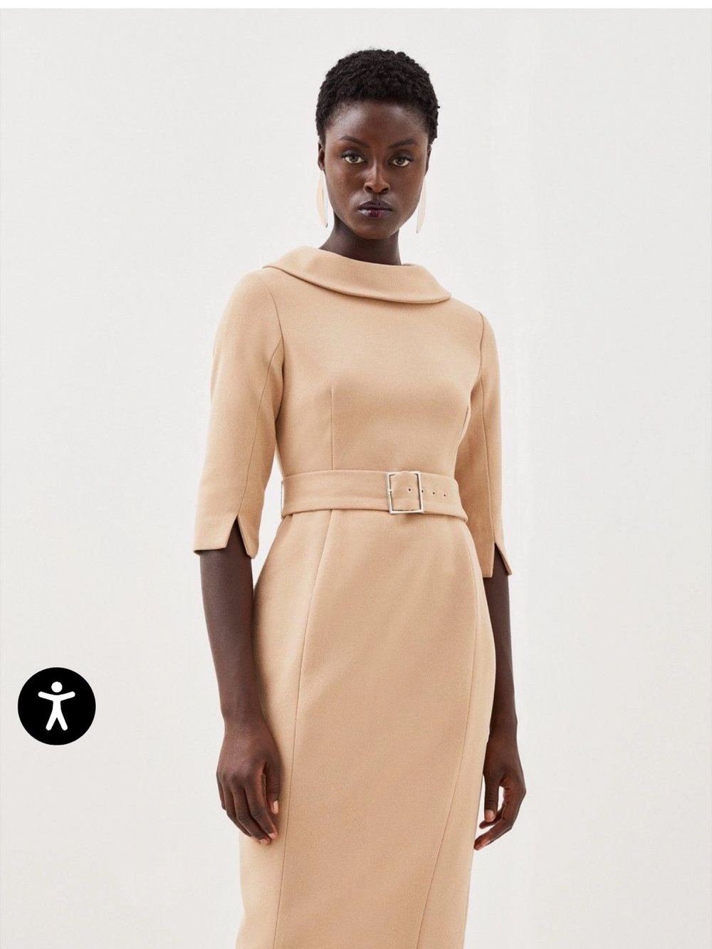 Karen Millen Camel Midi Crepe Structure Dress with Waist Tie 6 Petite - Picture 7 of 11